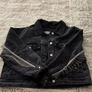 Altar'd State Black Denim Jean Jacket with Silver Chain Fringe